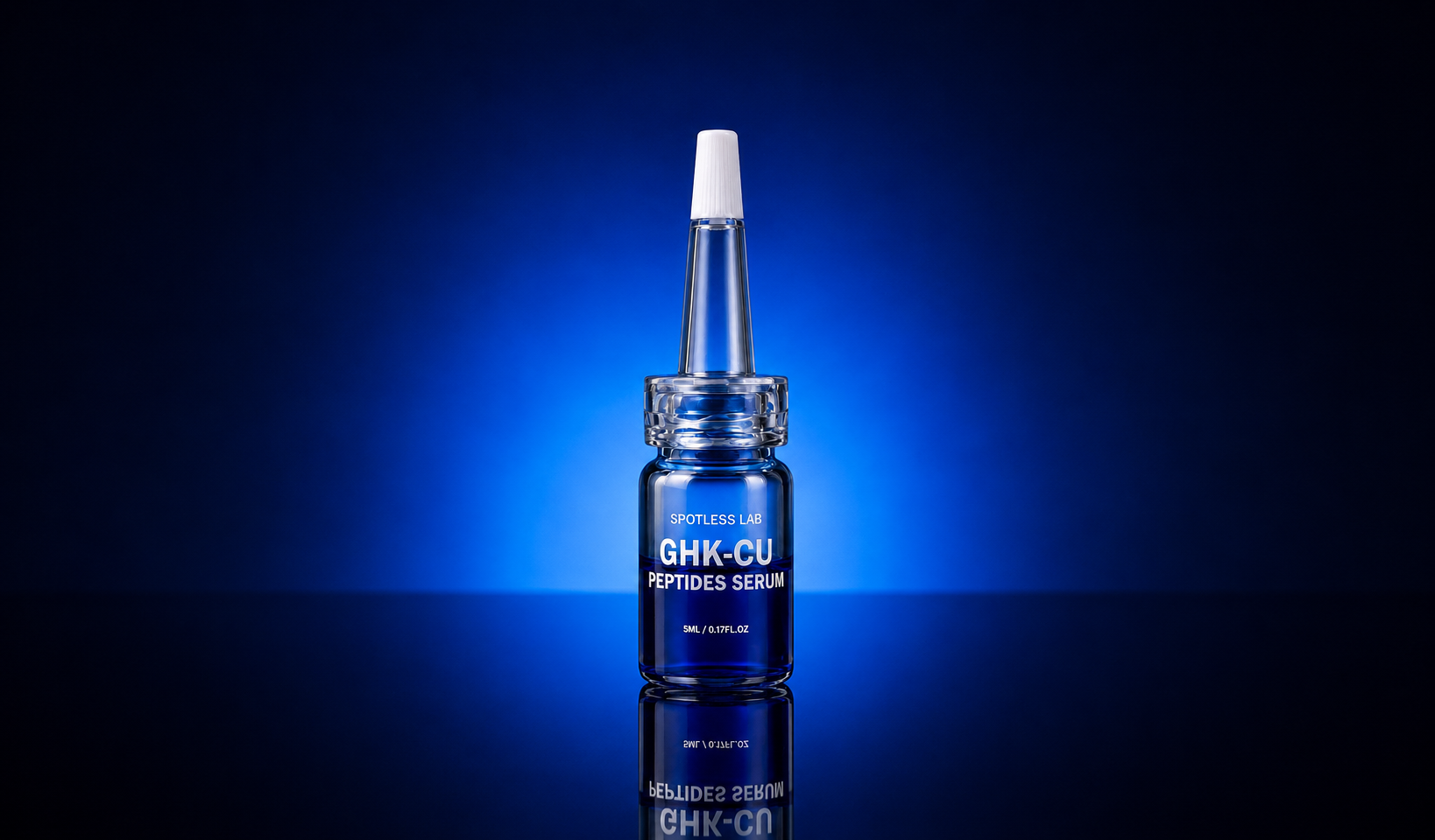 GHK-Cu Peptides Serum ampoule bathed in blue light